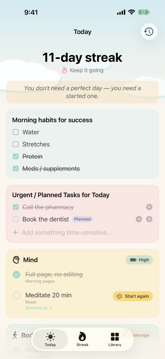 The StartFlow Today screen: a started day with an energy-matched task list.